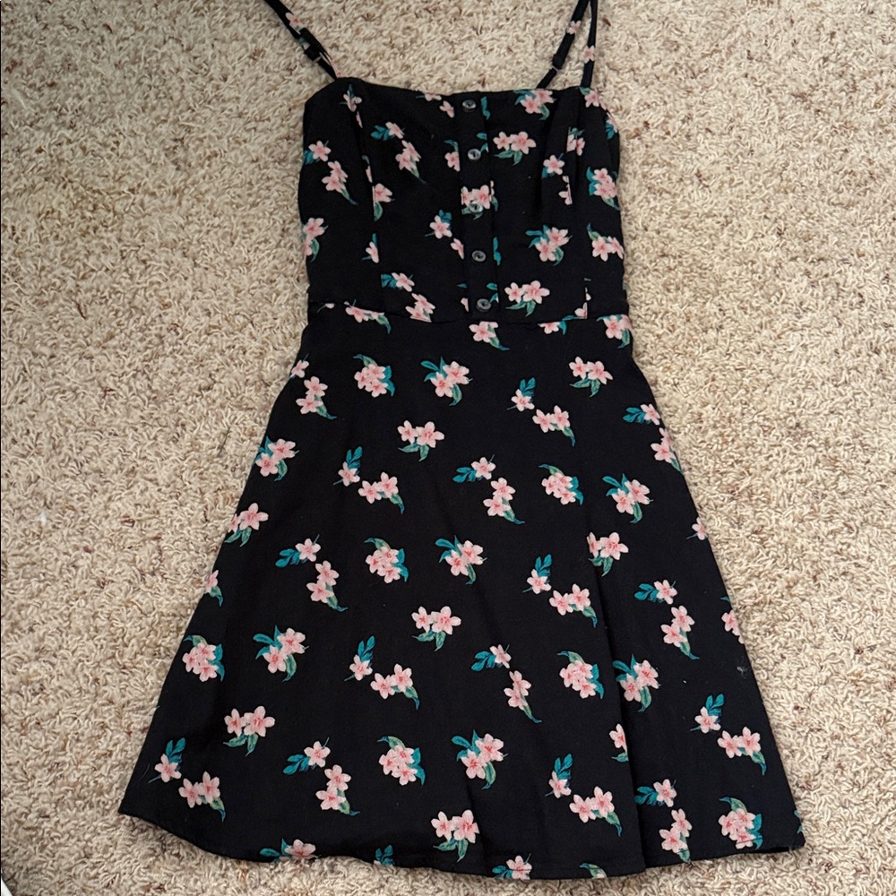Hollister Black Floral A-Line Mini Dress with Pink & Teal Flowers
